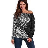 Polynesian Women's Day Off Shoulder Sweater Black Hibiscus Flowers With Polynesian Pattern
