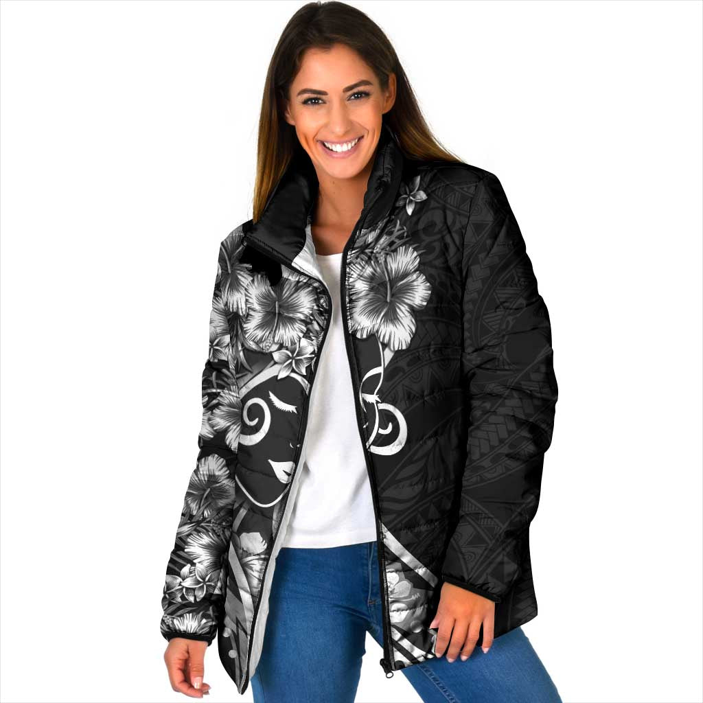 Polynesian Women's Day Padded Jacket Black Hibiscus Flowers With Polynesian Pattern