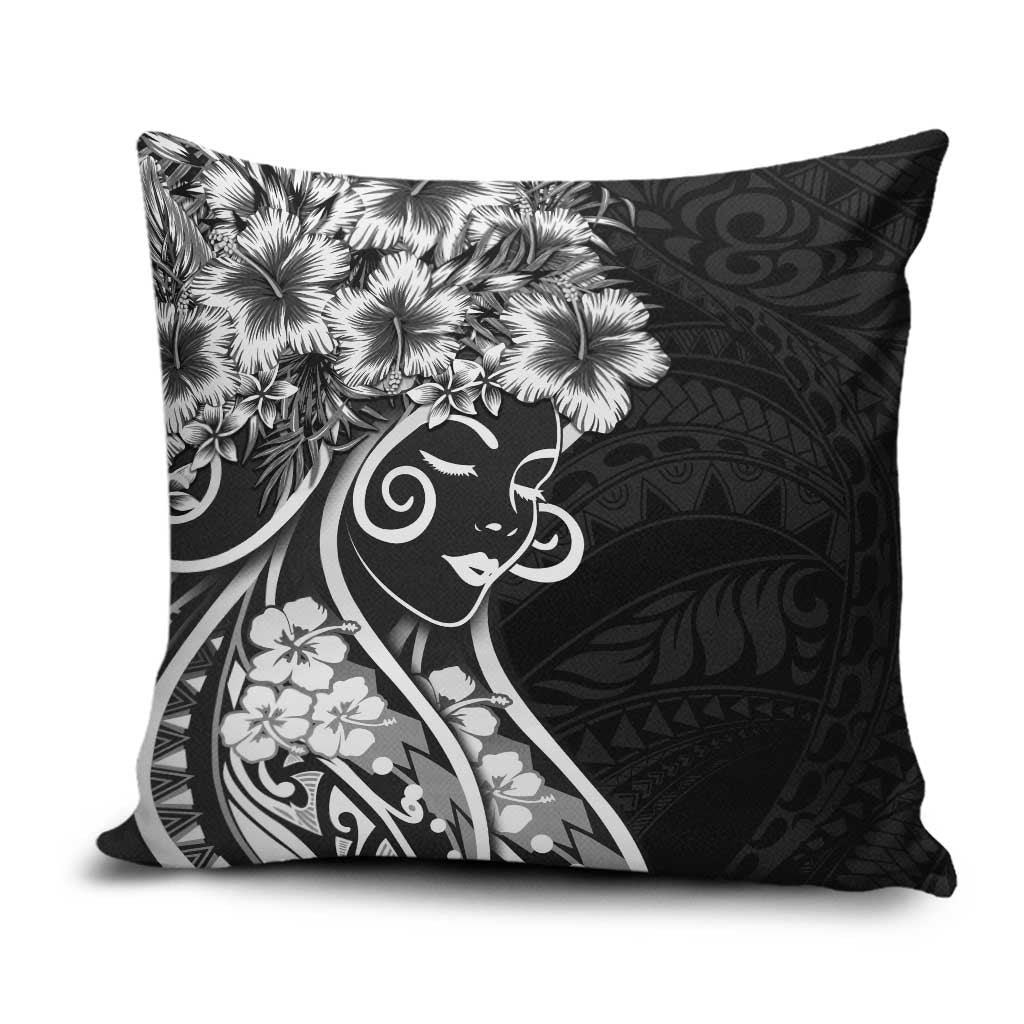 Polynesian Women's Day Pillow Cover Black Hibiscus Flowers With Polynesian Pattern