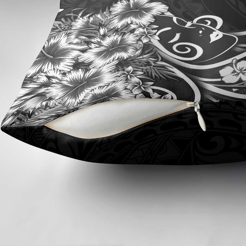 Polynesian Women's Day Pillow Cover Black Hibiscus Flowers With Polynesian Pattern
