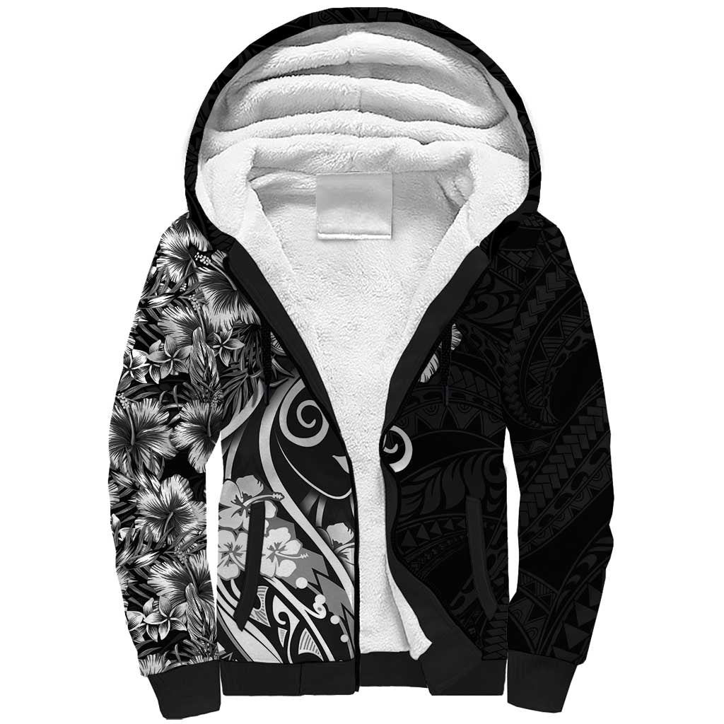 Polynesian Women's Day Sherpa Hoodie Black Hibiscus Flowers With Polynesian Pattern