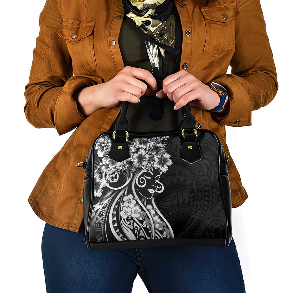 Polynesian Women's Day Shoulder Handbag Black Hibiscus Flowers With Polynesian Pattern
