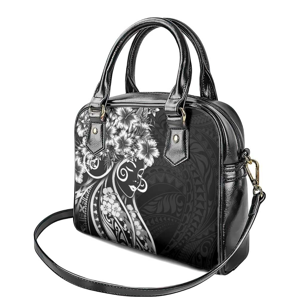 Polynesian Women's Day Shoulder Handbag Black Hibiscus Flowers With Polynesian Pattern