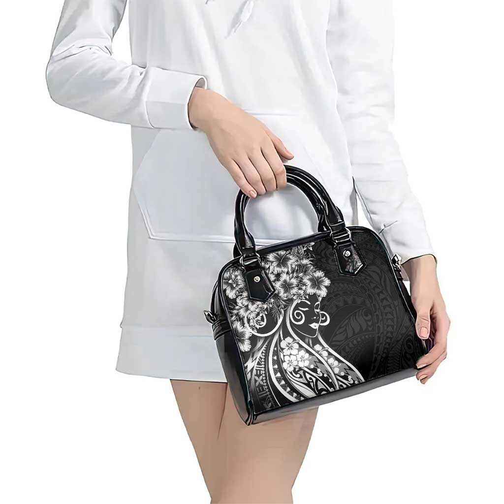 Polynesian Women's Day Shoulder Handbag Black Hibiscus Flowers With Polynesian Pattern