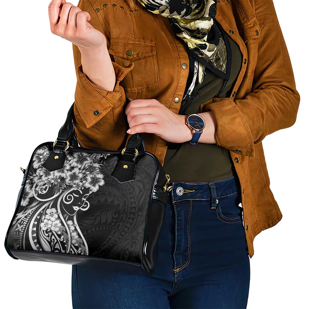 Polynesian Women's Day Shoulder Handbag Black Hibiscus Flowers With Polynesian Pattern
