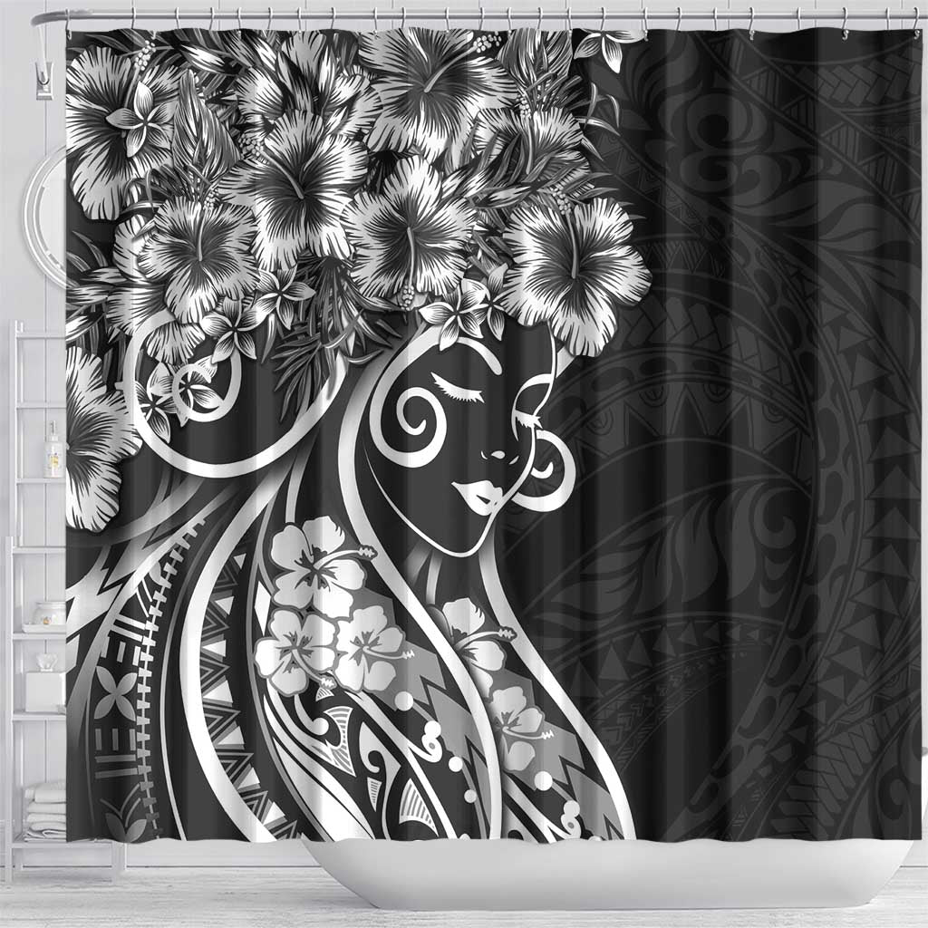 Polynesian Women's Day Shower Curtain Black Hibiscus Flowers With Polynesian Pattern