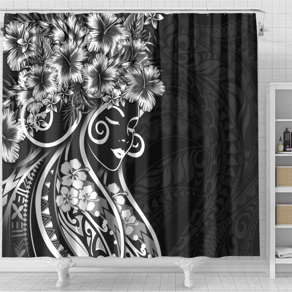 Polynesian Women's Day Shower Curtain Black Hibiscus Flowers With Polynesian Pattern