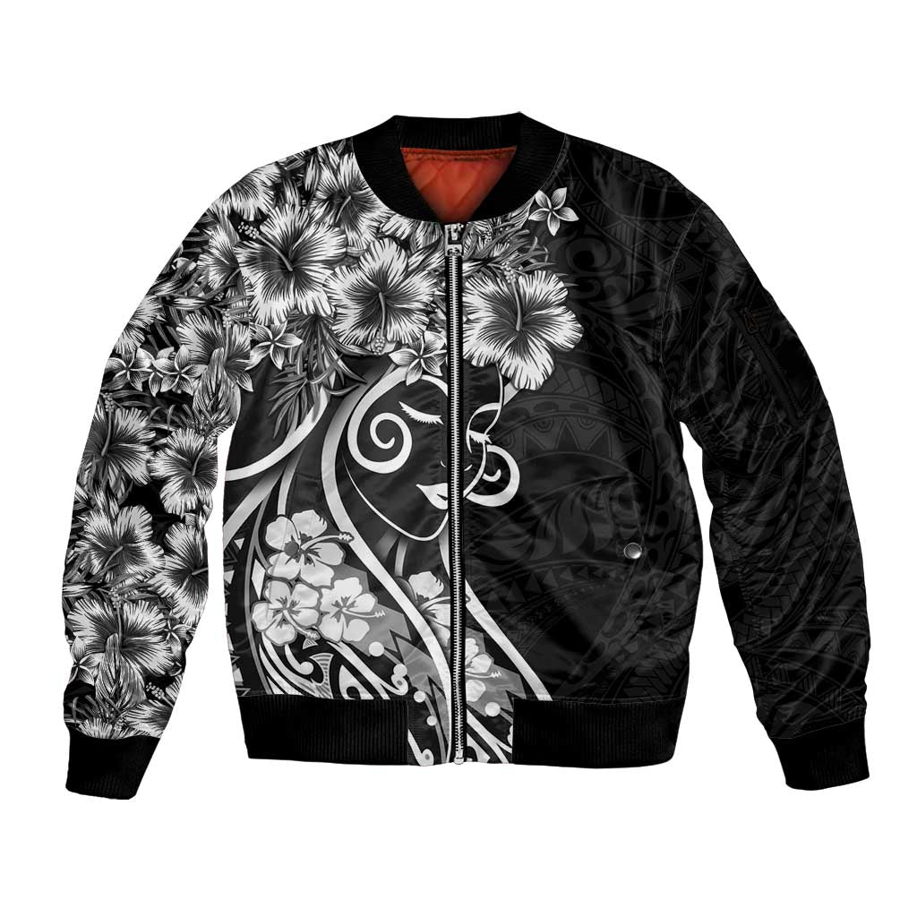 Polynesian Women's Day Sleeve Zip Bomber Jacket Black Hibiscus Flowers With Polynesian Pattern