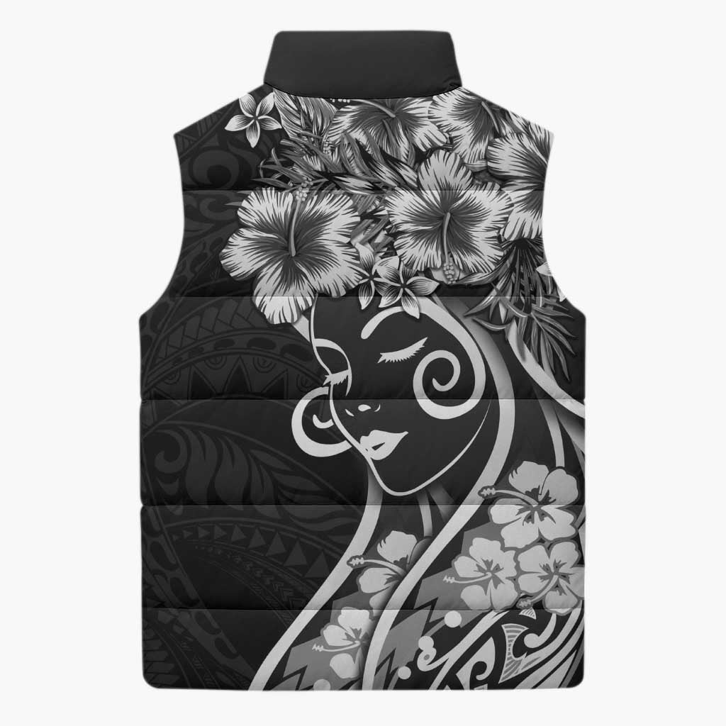 Polynesian Women's Day Sleeveless Puffer Jacket Black Hibiscus Flowers With Polynesian Pattern