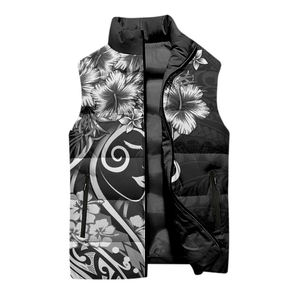 Polynesian Women's Day Sleeveless Puffer Jacket Black Hibiscus Flowers With Polynesian Pattern