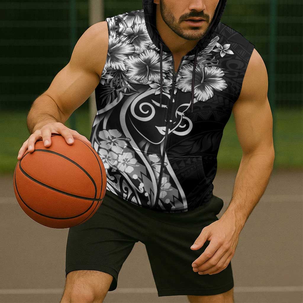 Polynesian Women's Day Sleeveless Zip Hoodie Black Hibiscus Flowers With Polynesian Pattern