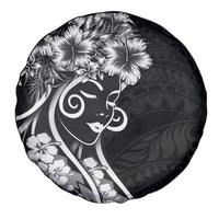 Polynesian Women's Day Spare Tire Cover Black Hibiscus Flowers With Polynesian Pattern