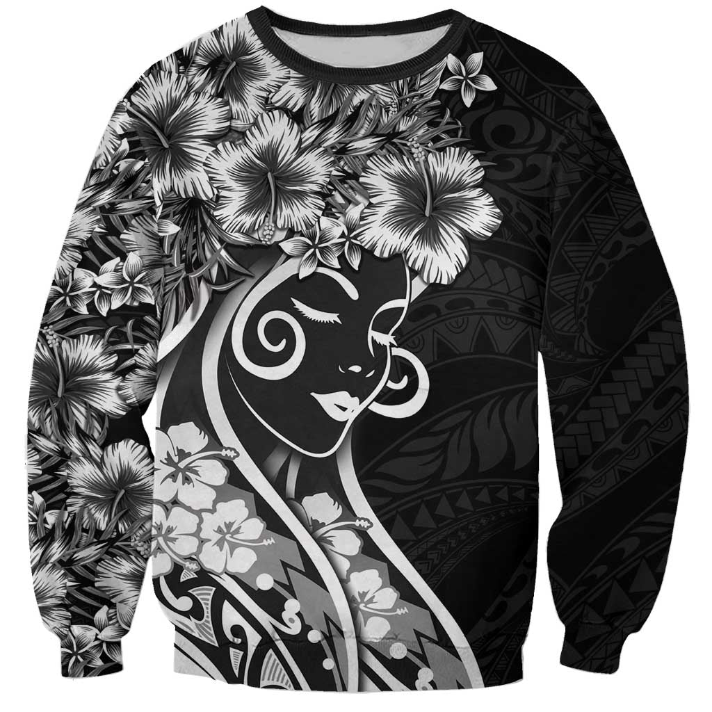 Polynesian Women's Day Sweatshirt Black Hibiscus Flowers With Polynesian Pattern