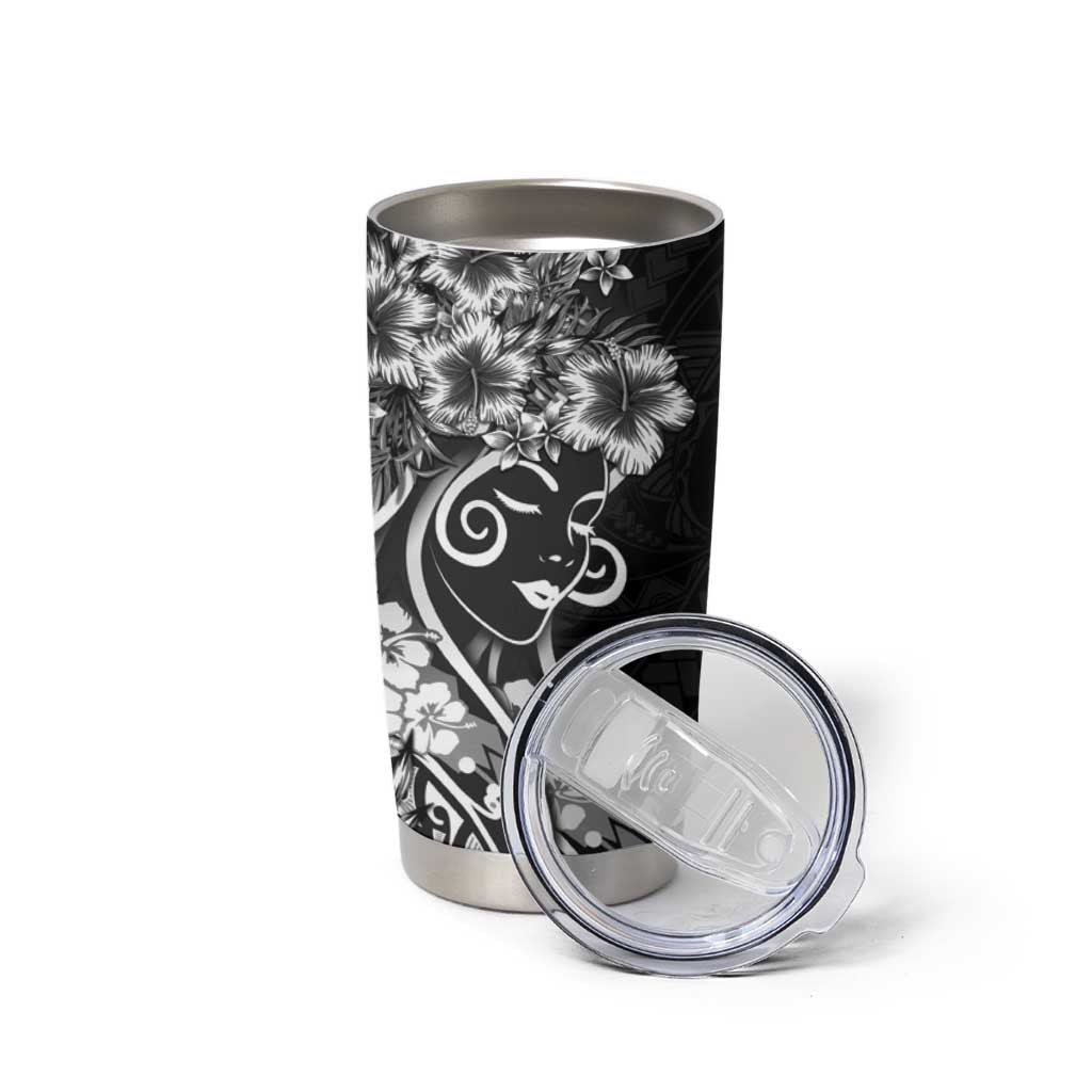 Polynesian Women's Day Tumbler Cup Black Hibiscus Flowers With Polynesian Pattern