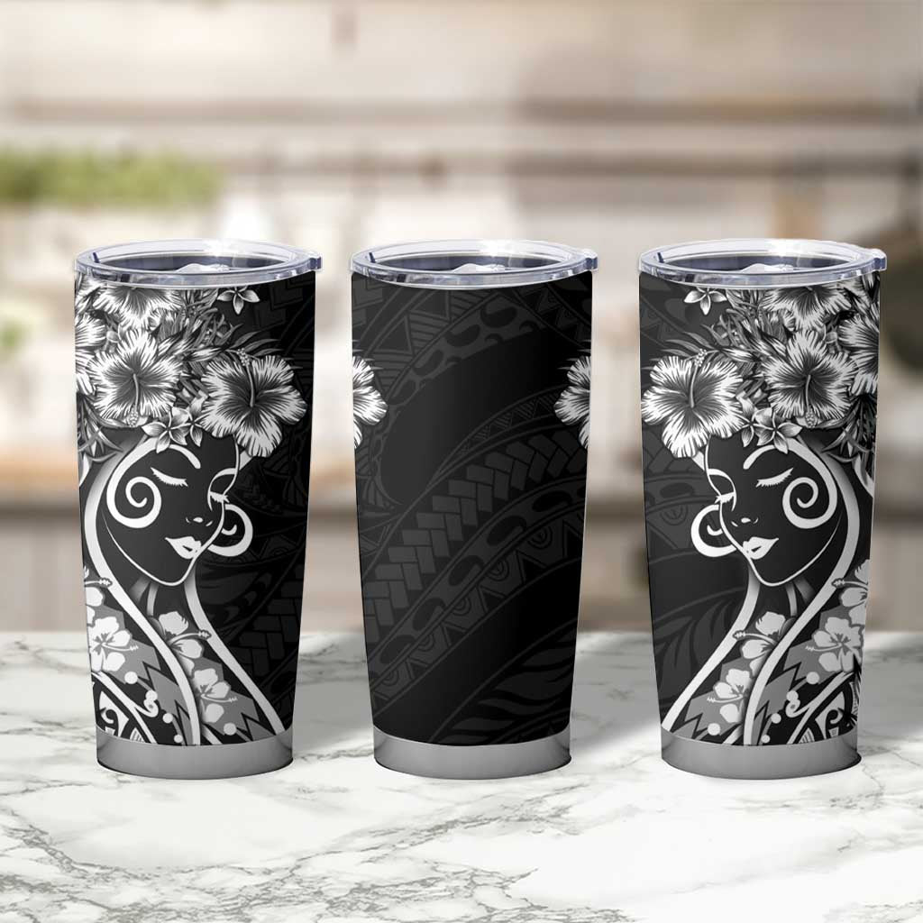 Polynesian Women's Day Tumbler Cup Black Hibiscus Flowers With Polynesian Pattern