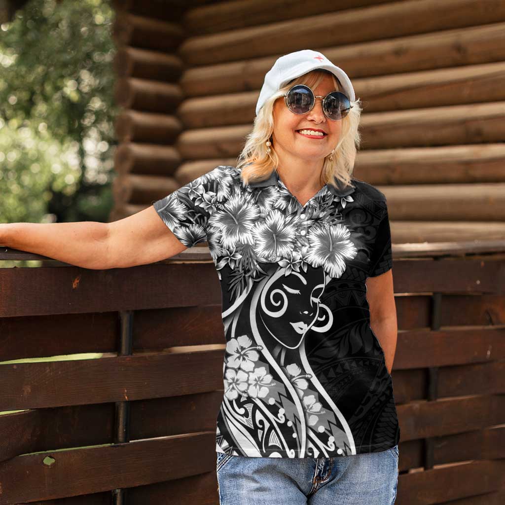 Polynesian Women's Day Women Polo Shirt Black Hibiscus Flowers With Polynesian Pattern