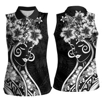 Polynesian Women's Day Women Sleeveless Polo Shirt Black Hibiscus Flowers With Polynesian Pattern