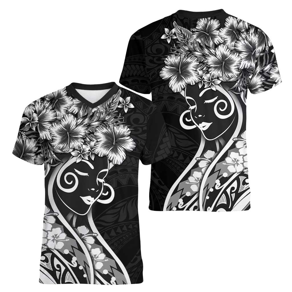 Polynesian Women's Day Women V-Neck T-Shirt Black Hibiscus Flowers With Polynesian Pattern