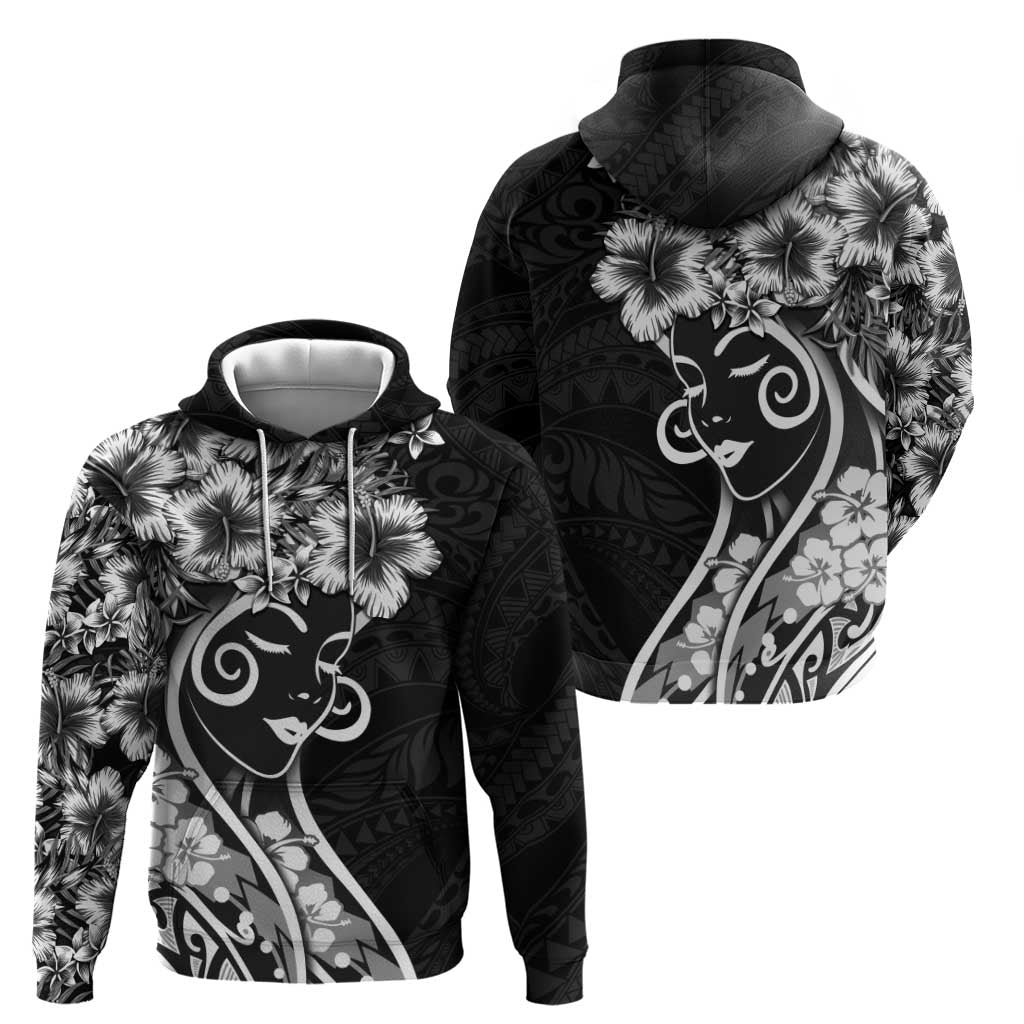 Polynesian Women's Day Zip Hoodie Black Hibiscus Flowers With Polynesian Pattern