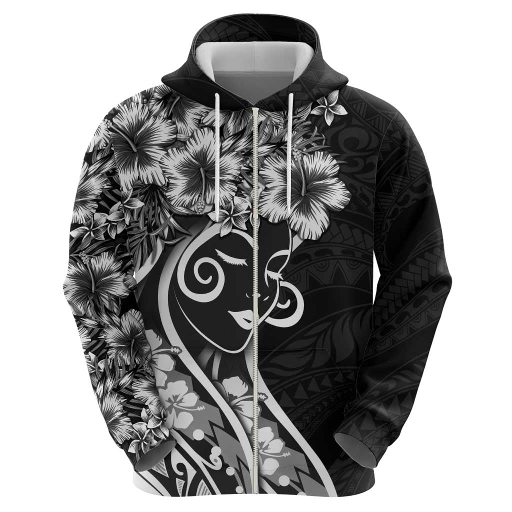 Polynesian Women's Day Zip Hoodie Black Hibiscus Flowers With Polynesian Pattern