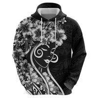 Polynesian Women's Day Zip Hoodie Black Hibiscus Flowers With Polynesian Pattern