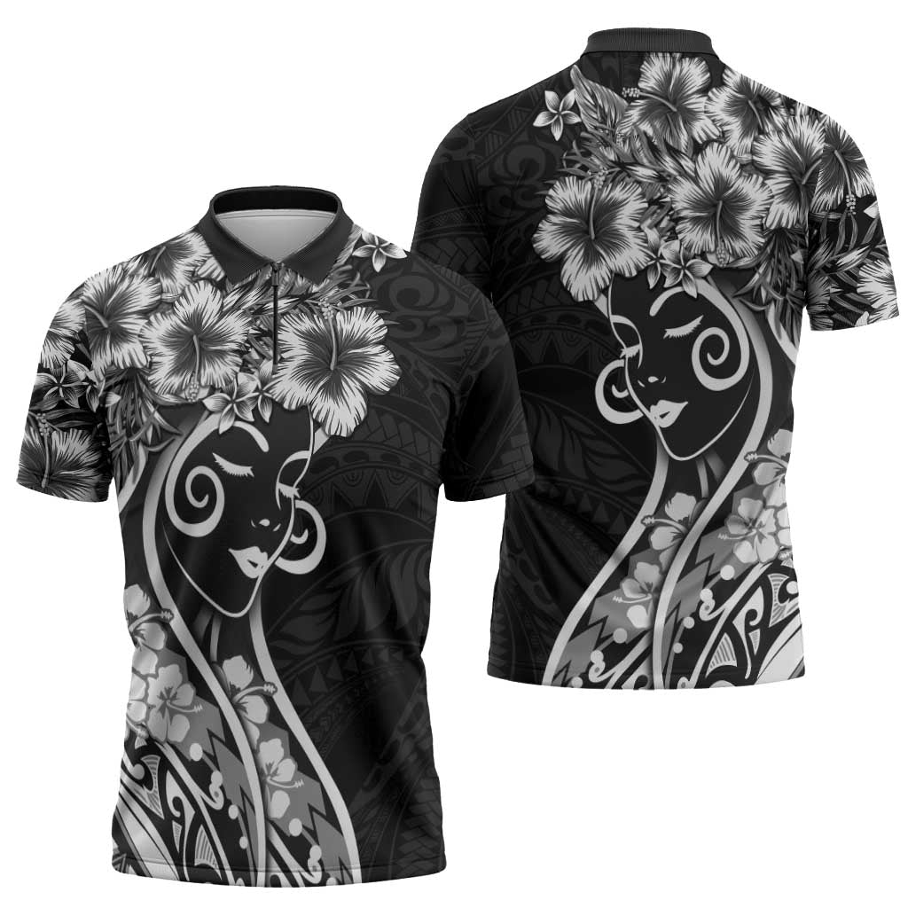 Polynesian Women's Day Zipper Polo Shirt Black Hibiscus Flowers With Polynesian Pattern