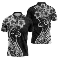 Polynesian Women's Day Zipper Polo Shirt Black Hibiscus Flowers With Polynesian Pattern