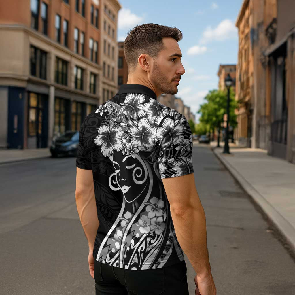 Polynesian Women's Day Zipper Polo Shirt Black Hibiscus Flowers With Polynesian Pattern