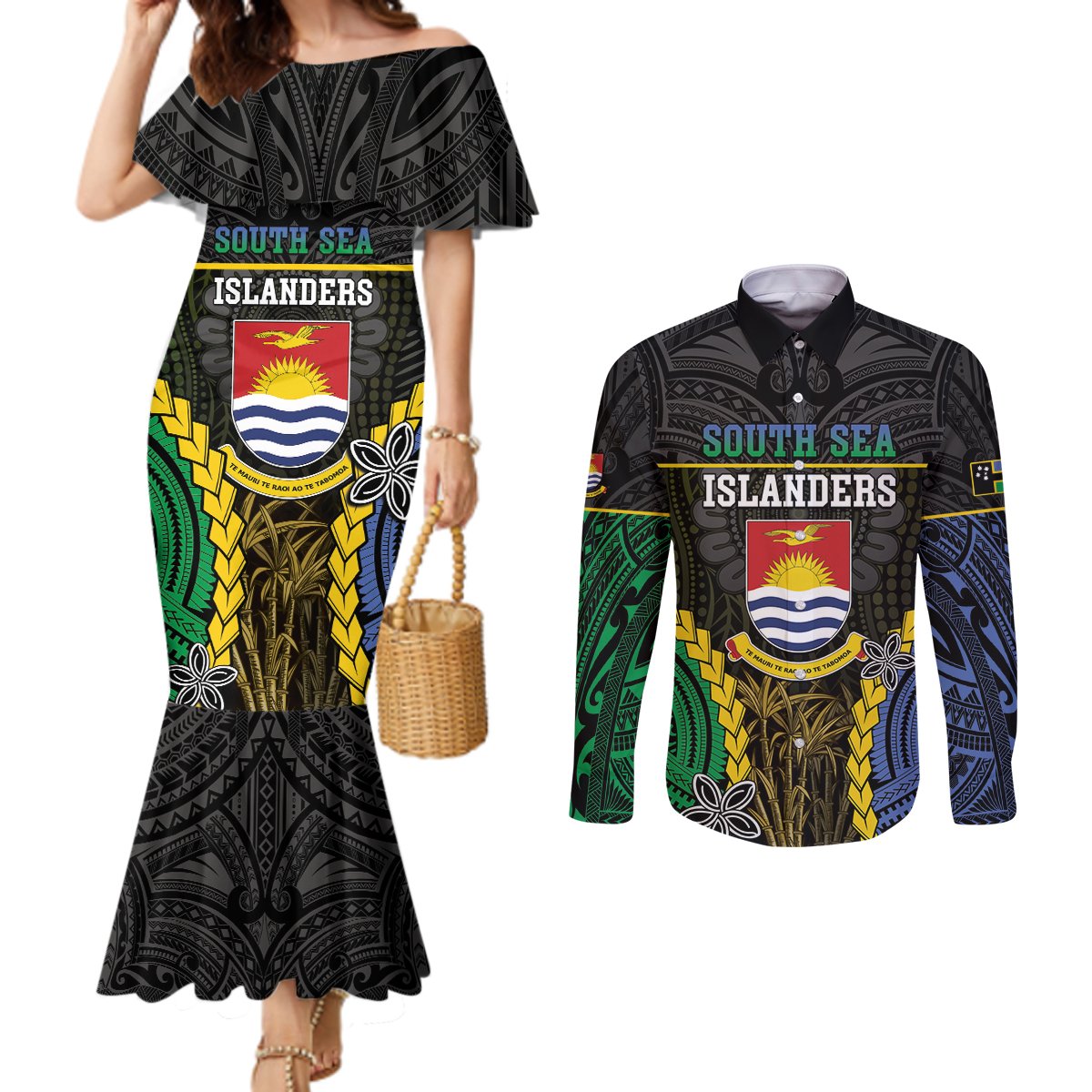 Personalised South Sea Islanders And Gilbert Islands Couples Matching Mermaid Dress and Long Sleeve Button Shirt Kanakas Polynesian Pattern
