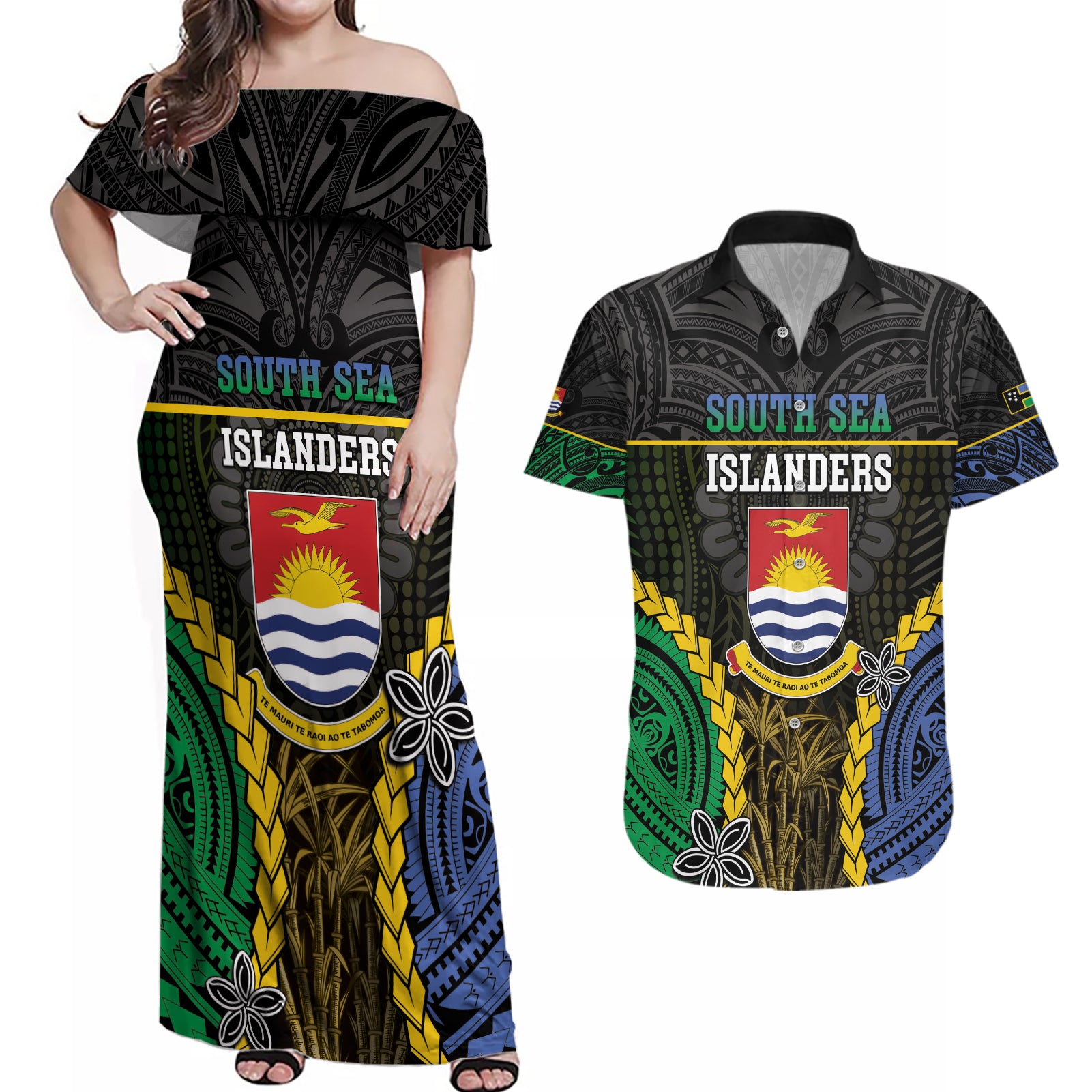 Personalised South Sea Islanders And Gilbert Islands Couples Matching Off Shoulder Maxi Dress and Hawaiian Shirt Kanakas Polynesian Pattern