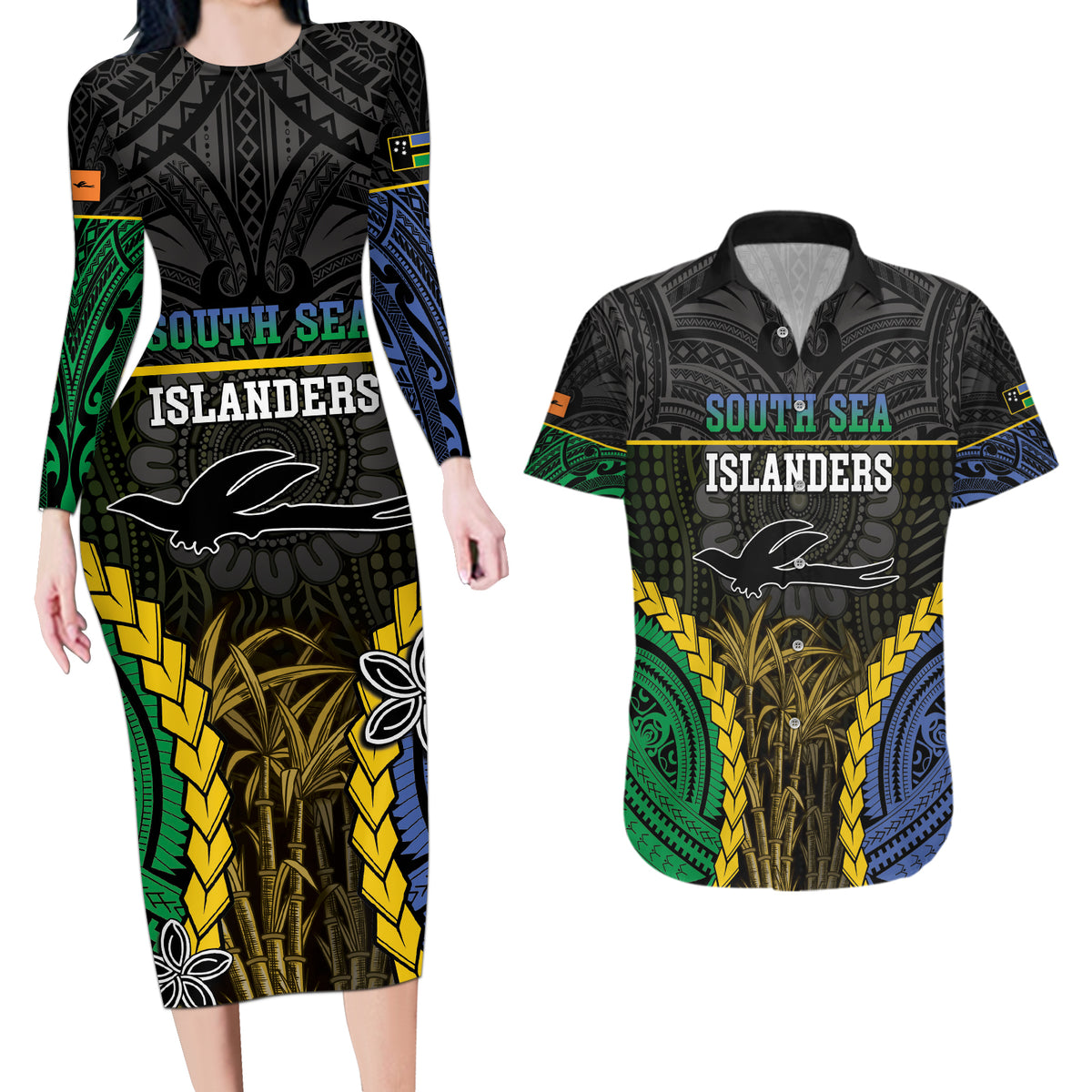 Personalised South Sea Islanders And New Ireland Couples Matching Long Sleeve Bodycon Dress and Hawaiian Shirt Kanakas Polynesian Pattern LT05 Black - Polynesian Pride