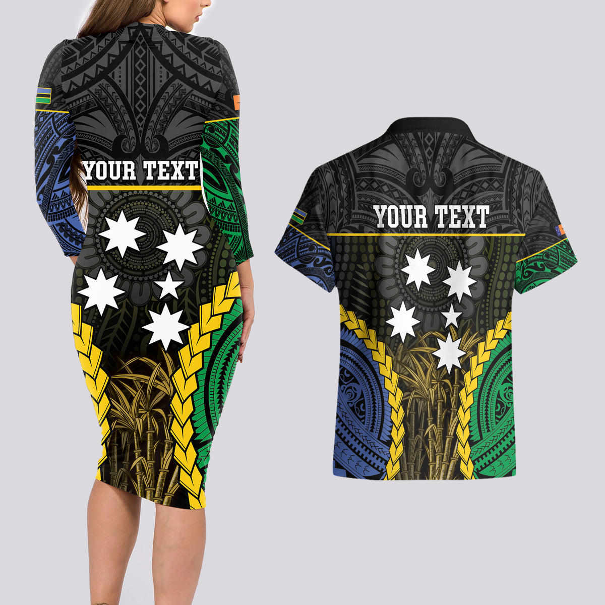 Personalised South Sea Islanders And New Ireland Couples Matching Long Sleeve Bodycon Dress and Hawaiian Shirt Kanakas Polynesian Pattern LT05 - Polynesian Pride