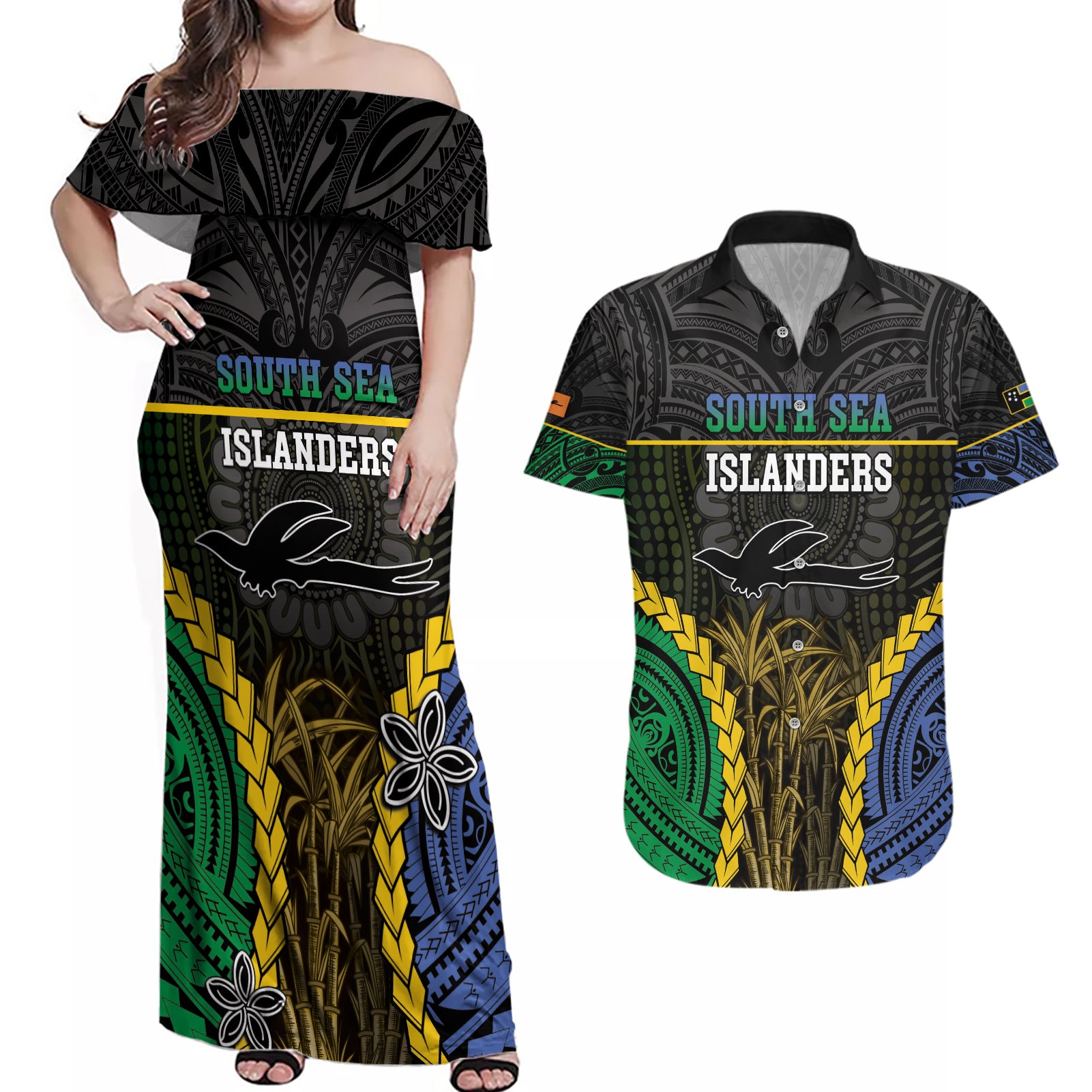 Personalised South Sea Islanders And New Ireland Couples Matching Off Shoulder Maxi Dress and Hawaiian Shirt Kanakas Polynesian Pattern