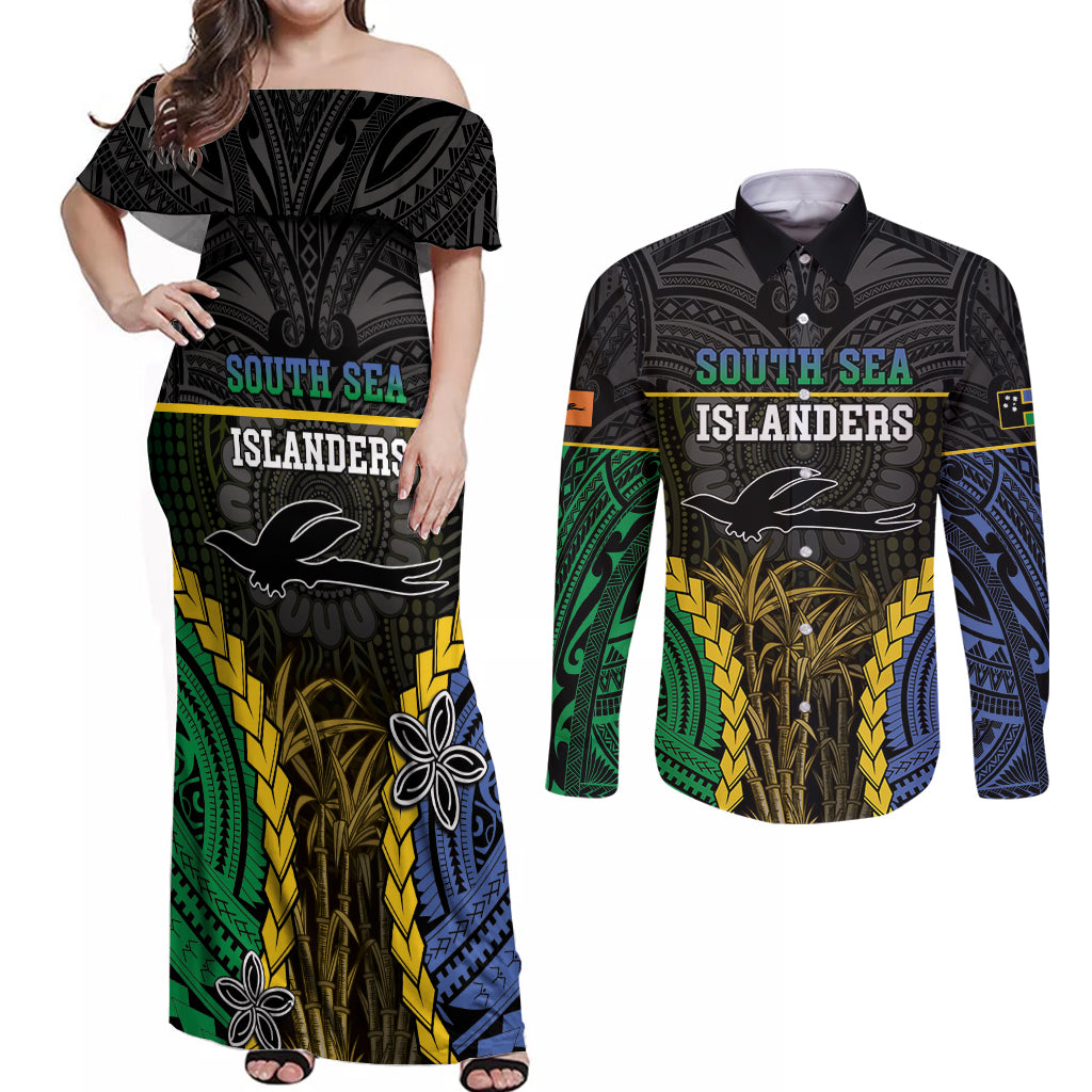 Personalised South Sea Islanders And New Ireland Couples Matching Off Shoulder Maxi Dress and Long Sleeve Button Shirt Kanakas Polynesian Pattern LT05 Black - Polynesian Pride