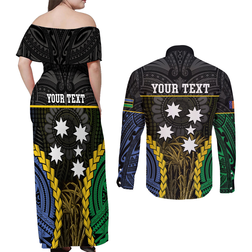 Personalised South Sea Islanders And New Ireland Couples Matching Off Shoulder Maxi Dress and Long Sleeve Button Shirt Kanakas Polynesian Pattern LT05 - Polynesian Pride