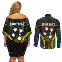 Personalised South Sea Islanders And New Ireland Couples Matching Off Shoulder Short Dress and Long Sleeve Button Shirt Kanakas Polynesian Pattern