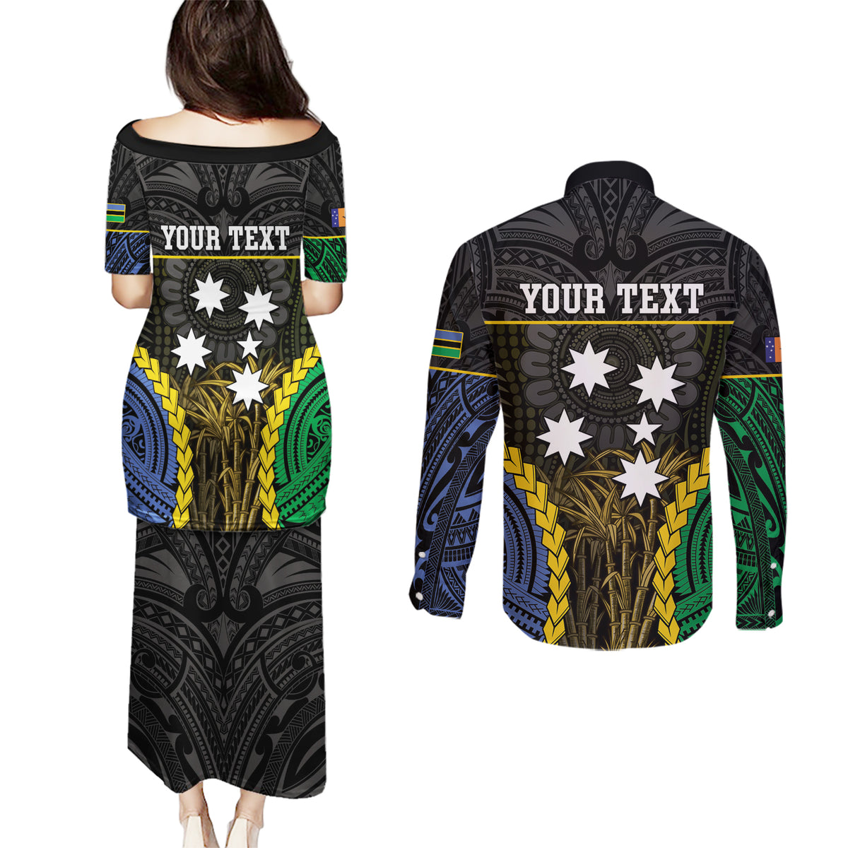 Personalised South Sea Islanders And New Ireland Couples Matching Puletasi and Long Sleeve Button Shirt Kanakas Polynesian Pattern