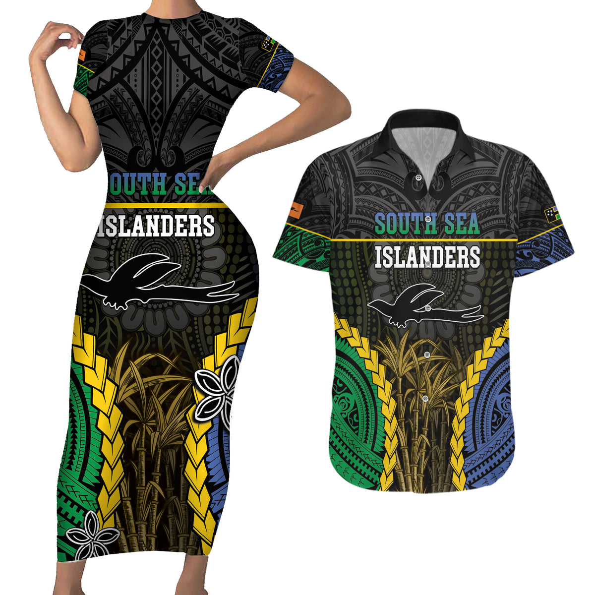 Personalised South Sea Islanders And New Ireland Couples Matching Short Sleeve Bodycon Dress and Hawaiian Shirt Kanakas Polynesian Pattern LT05 Black - Polynesian Pride