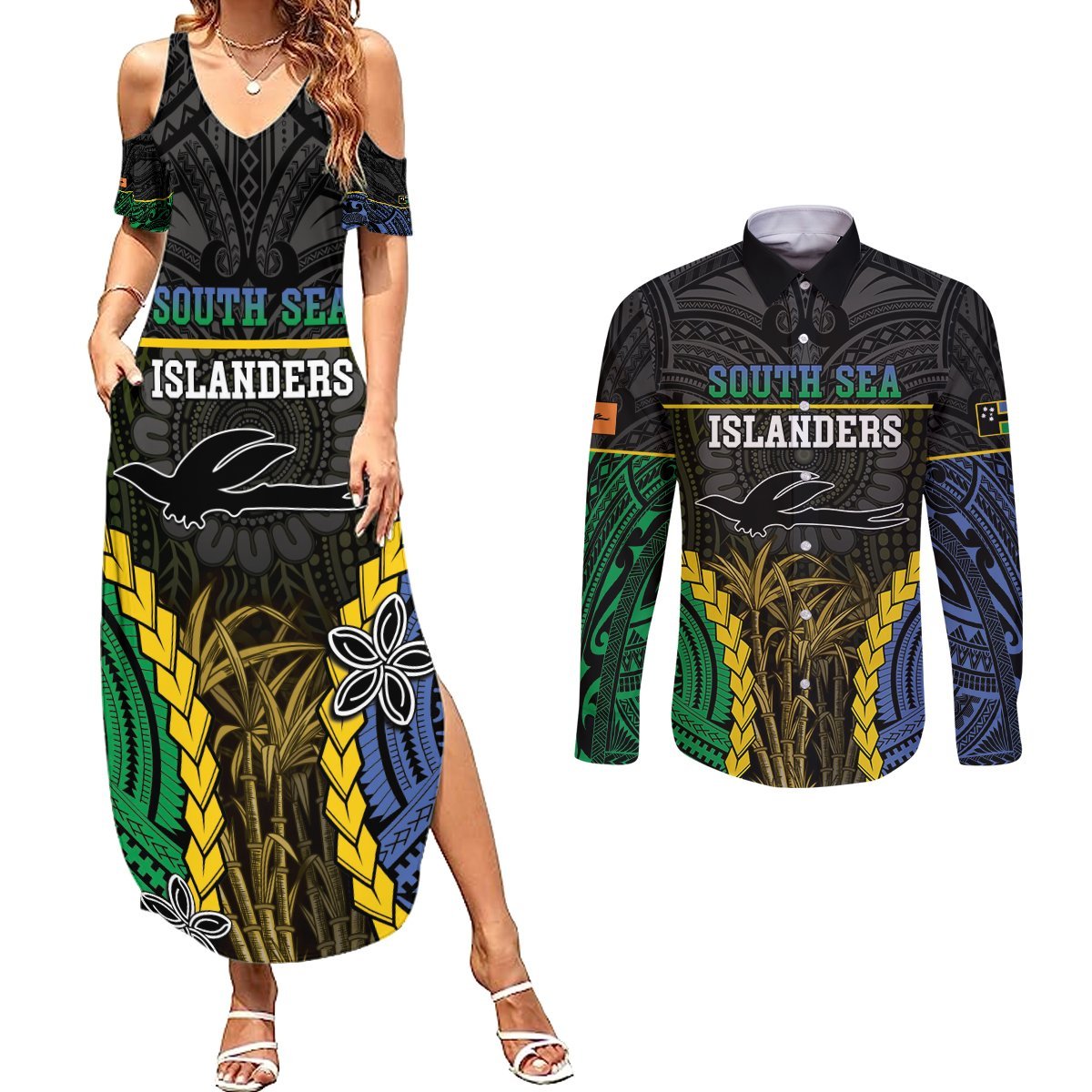 Personalised South Sea Islanders And New Ireland Couples Matching Summer Maxi Dress and Long Sleeve Button Shirt Kanakas Polynesian Pattern LT05 Black - Polynesian Pride