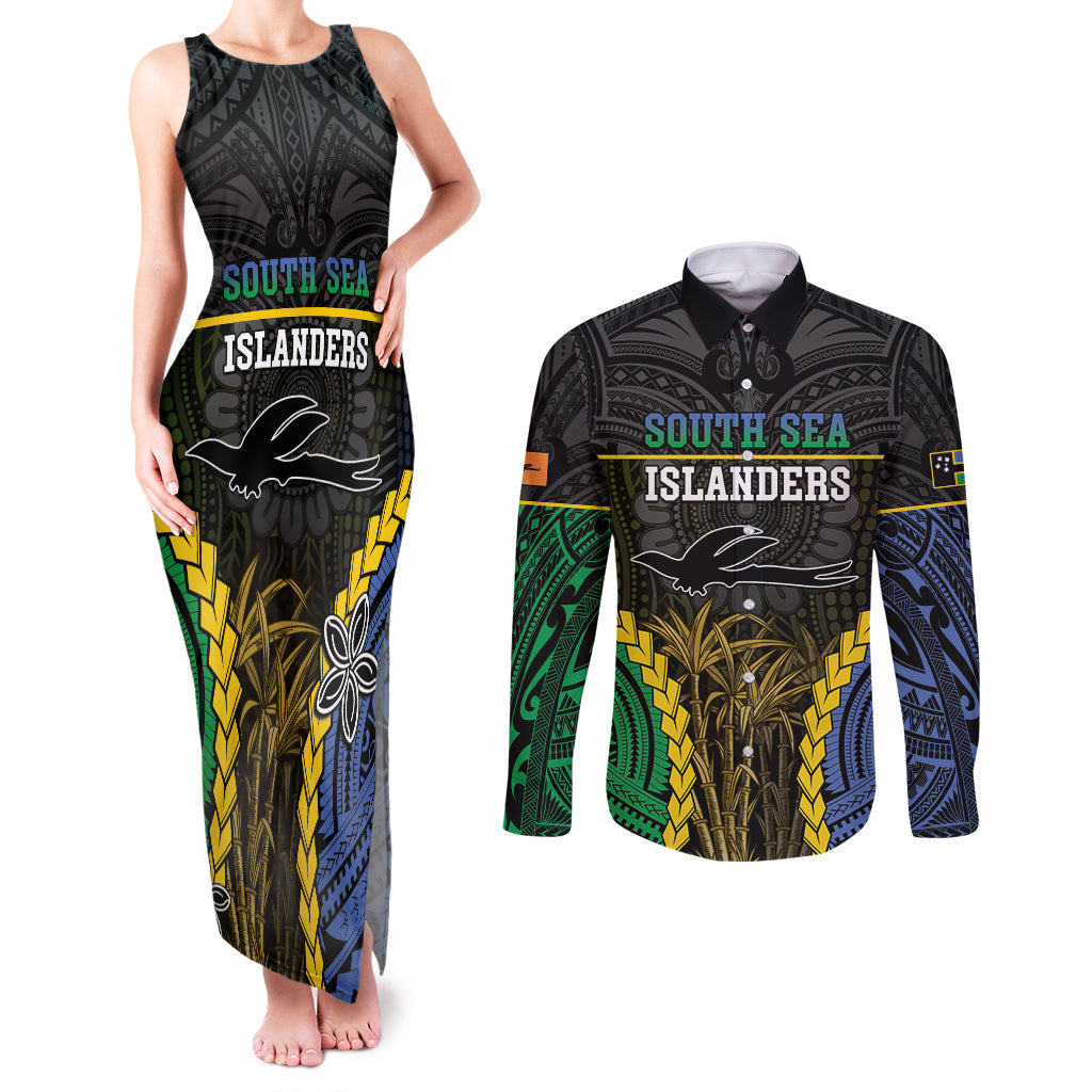 Personalised South Sea Islanders And New Ireland Couples Matching Tank Maxi Dress and Long Sleeve Button Shirt Kanakas Polynesian Pattern LT05 Black - Polynesian Pride