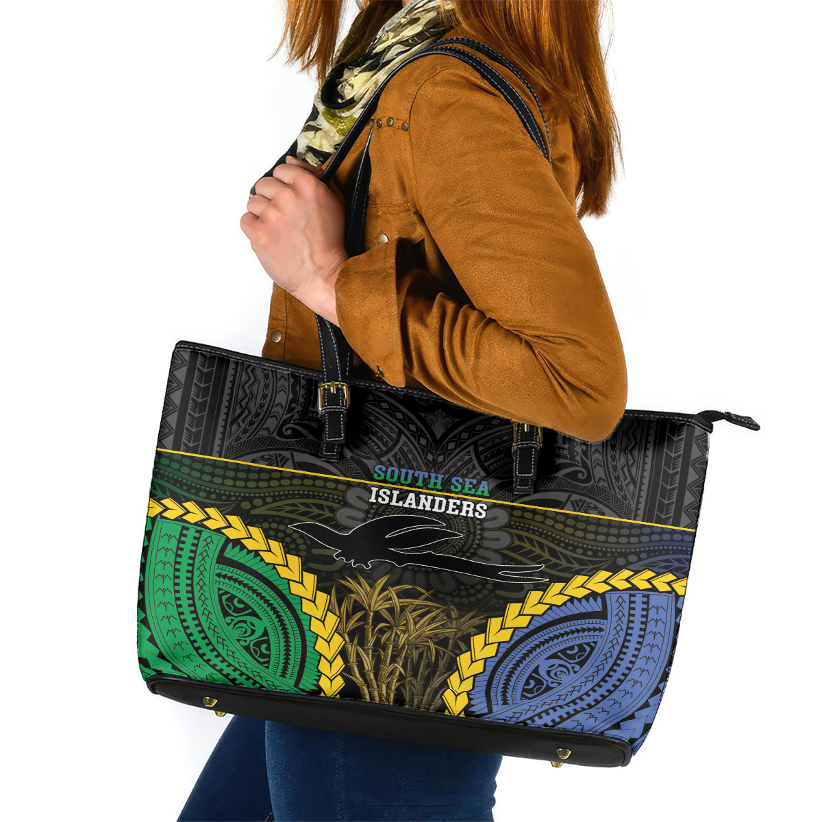 South Sea Islanders And New Ireland Leather Tote Bag Kanakas Polynesian Pattern