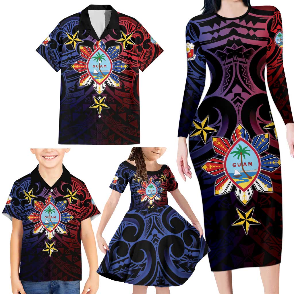 Philippines Guam Family Matching Long Sleeve Bodycon Dress and Hawaiian Shirt Filipino Sun With Guaman Seal LT05 - Polynesian Pride