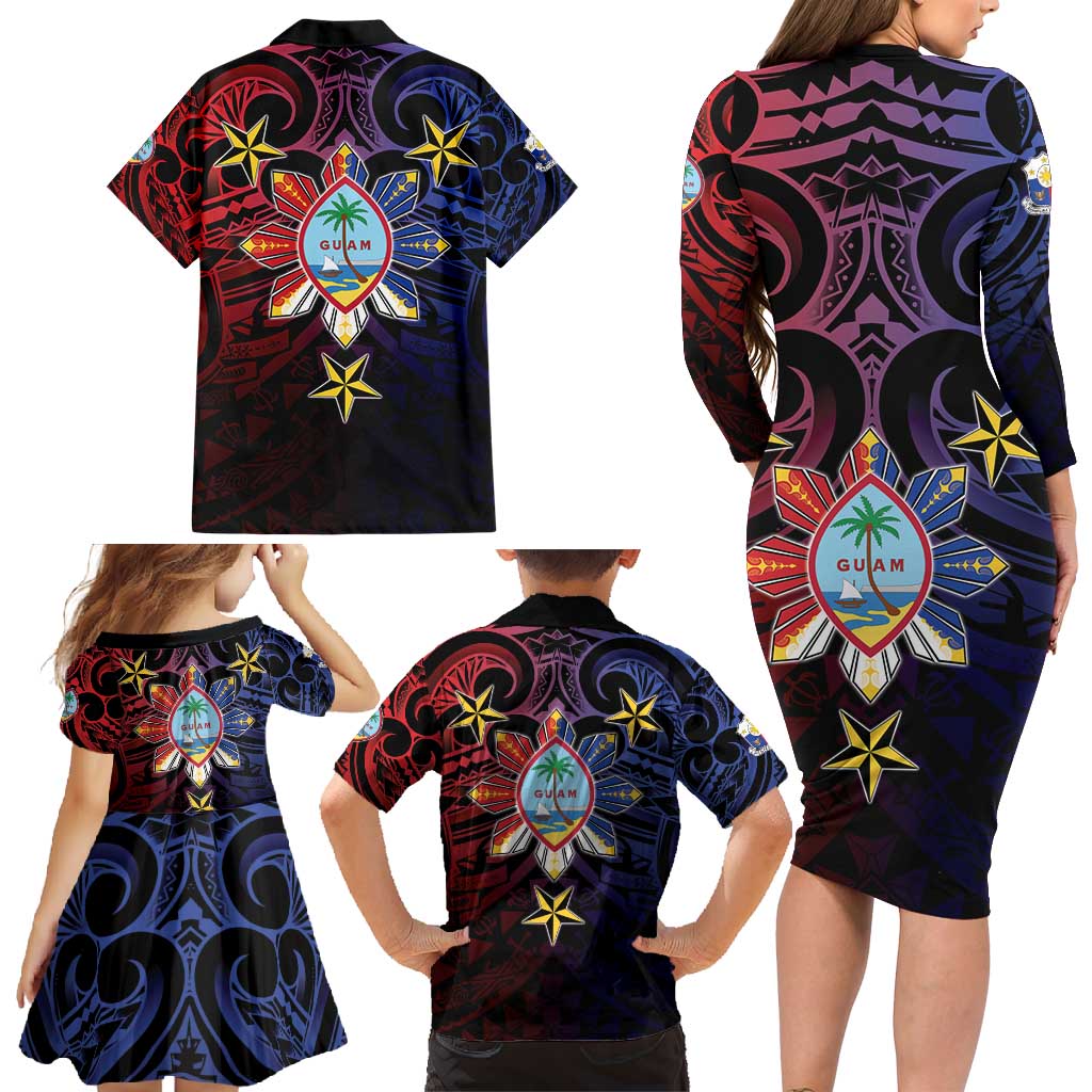 Philippines Guam Family Matching Long Sleeve Bodycon Dress and Hawaiian Shirt Filipino Sun With Guaman Seal LT05 - Polynesian Pride