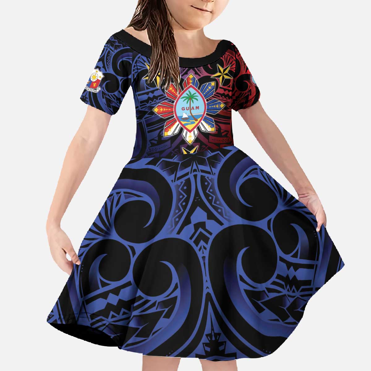 Philippines Guam Family Matching Off The Shoulder Long Sleeve Dress and Hawaiian Shirt Filipino Sun With Guaman Seal LT05 Daughter's Dress Blue - Polynesian Pride