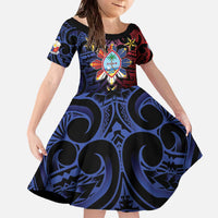 Philippines Guam Family Matching Off The Shoulder Long Sleeve Dress and Hawaiian Shirt Filipino Sun With Guaman Seal LT05 Daughter's Dress Blue - Polynesian Pride