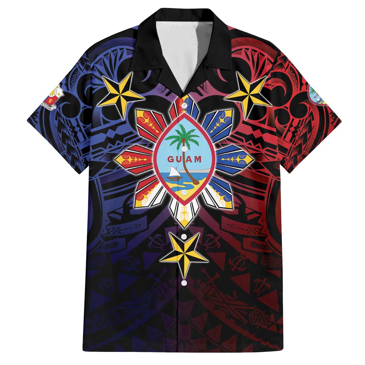 Philippines Guam Family Matching Off The Shoulder Long Sleeve Dress and Hawaiian Shirt Filipino Sun With Guaman Seal LT05 Dad's Shirt - Short Sleeve Blue - Polynesian Pride