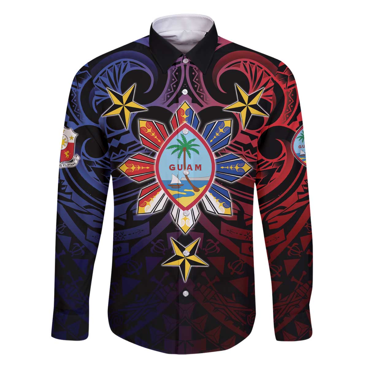 Philippines Guam Family Matching Off The Shoulder Long Sleeve Dress and Hawaiian Shirt Filipino Sun With Guaman Seal LT05 Dad's Shirt - Long Sleeve Blue - Polynesian Pride