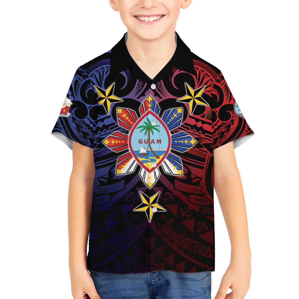 Philippines Guam Family Matching Off The Shoulder Long Sleeve Dress and Hawaiian Shirt Filipino Sun With Guaman Seal LT05 Son's Shirt Blue - Polynesian Pride