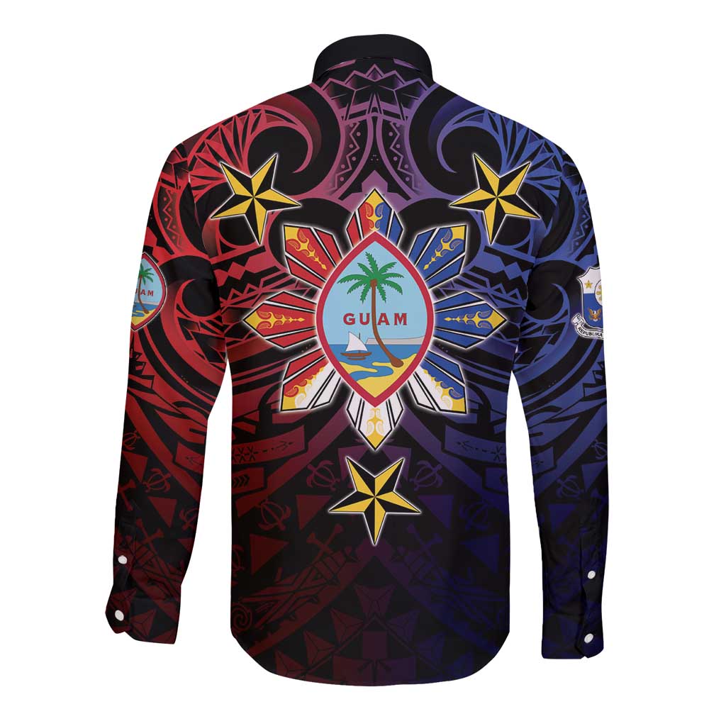 Philippines Guam Long Sleeve Button Shirt Filipino Sun With Guaman Seal