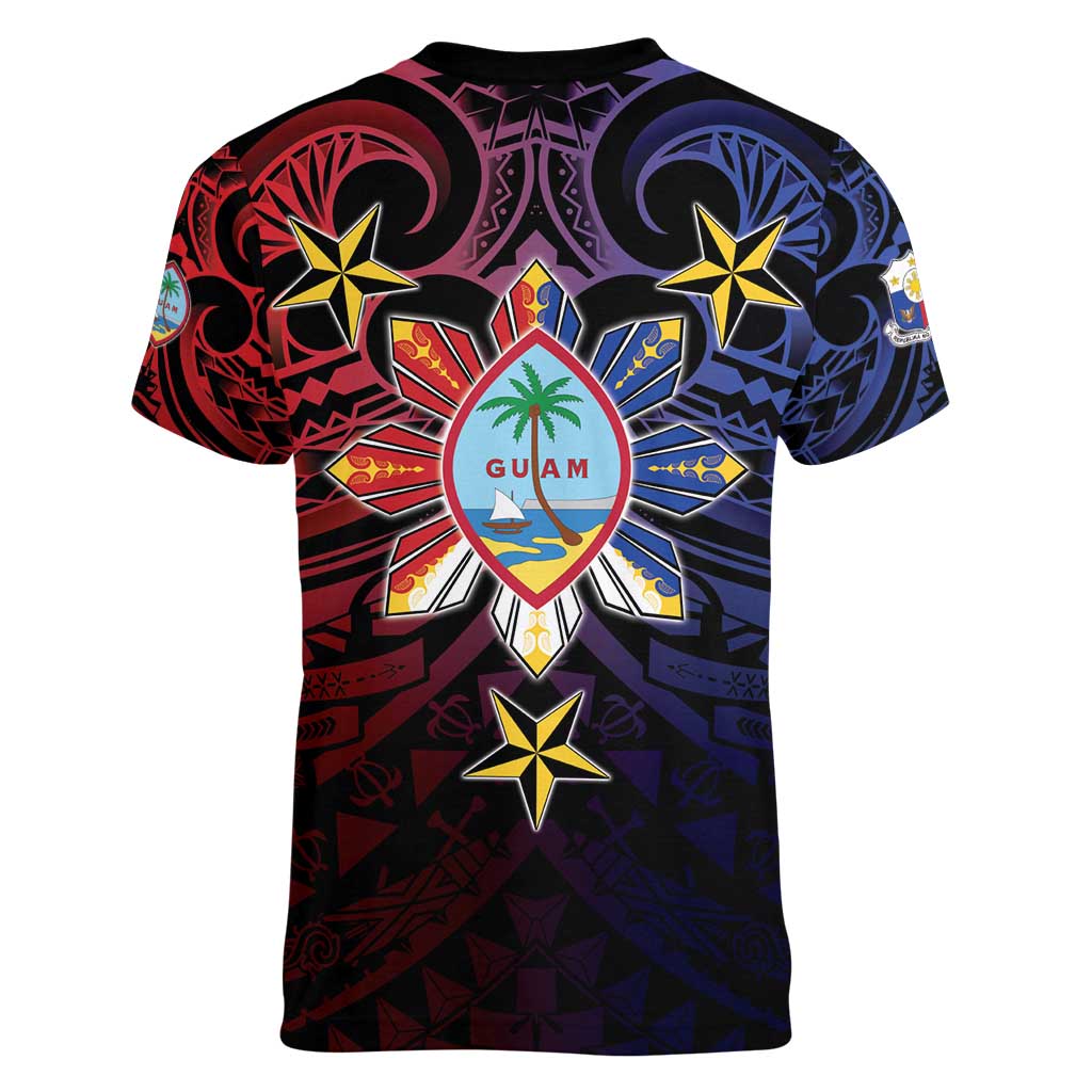 Philippines Guam Women V-Neck T-Shirt Filipino Sun With Guaman Seal